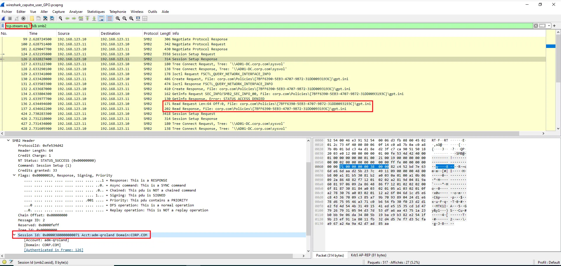Wireshark capture SMB exchanges user GPO