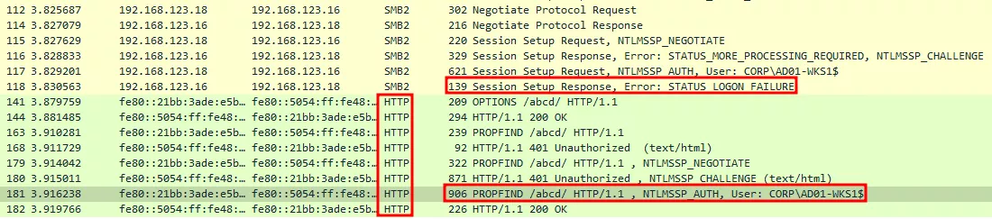 Wireshark capture of Windows SMB client falling back to WebDav