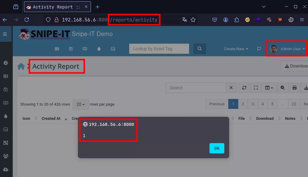 Stored XSS being triggered when reviewing action logs as an administrator. 