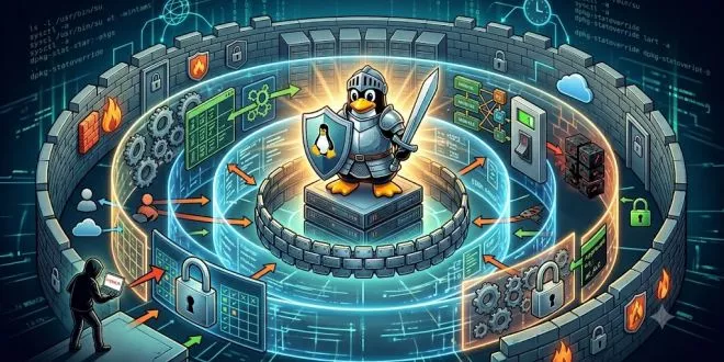 Un pingouin Tux en armure entouré de couches de défense en profondeur