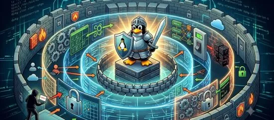Un pingouin Tux en armure entouré de couches de défense en profondeur